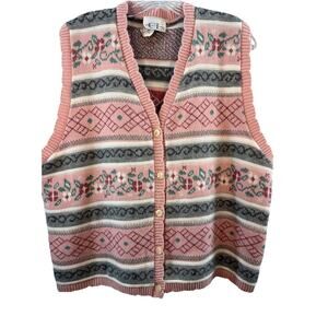 Cricket Lane Patterned Sweater Vest Women's L Pink Ivory Floral Cottage